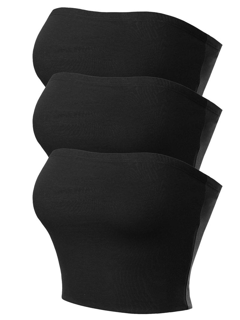 MixMatchy Women's Strapless Tube Tops Basic Bandeau Crop Sleeveless Backless Casual Sexy Going Out Summer 2025 3PACK - Black/Black/Black M